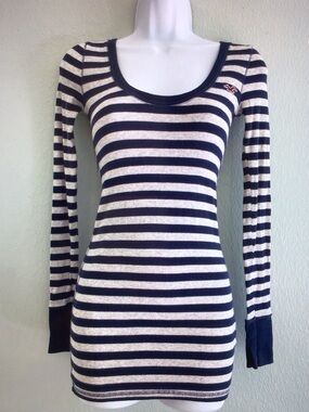 Hollister Navy & Cream Striped Scoop Neck Long Sleeve Tee